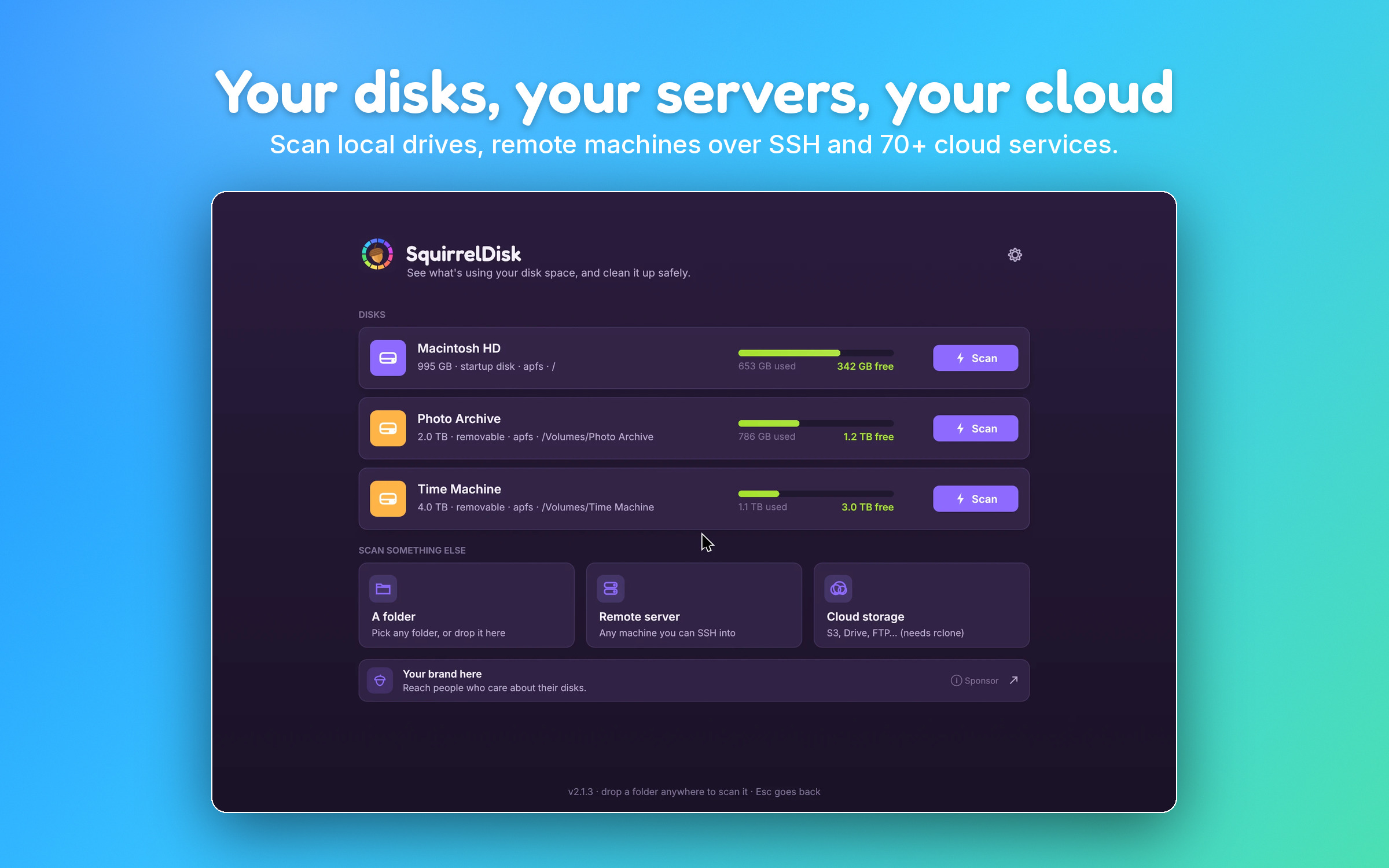 The SquirrelDisk home screen with local disks, a folder, a remote server and cloud storage