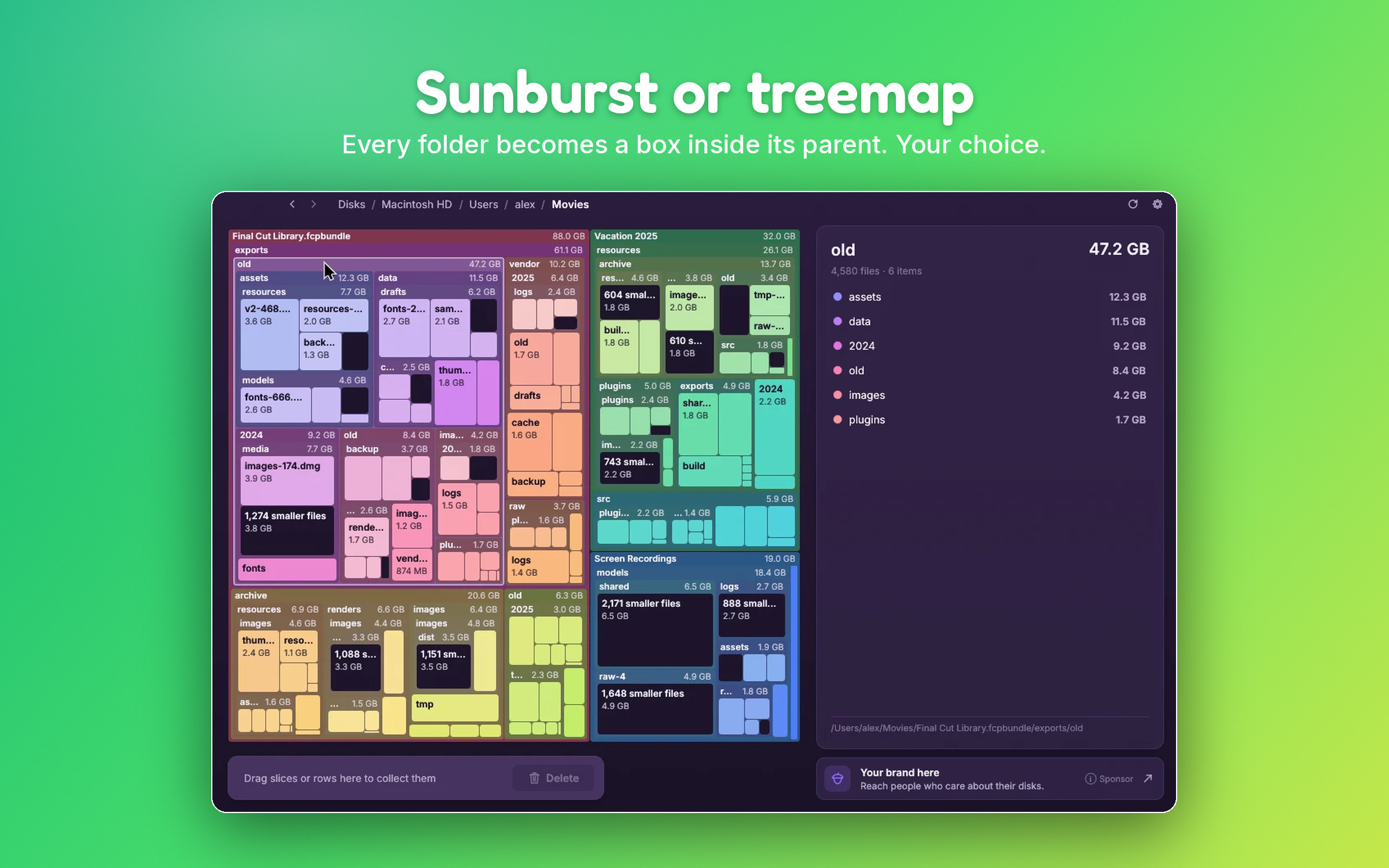 The SquirrelDisk treemap view of a drive, with the biggest folders listed at the side